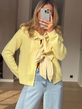 Yellow V-Neck Bow-Front Knit Sweater